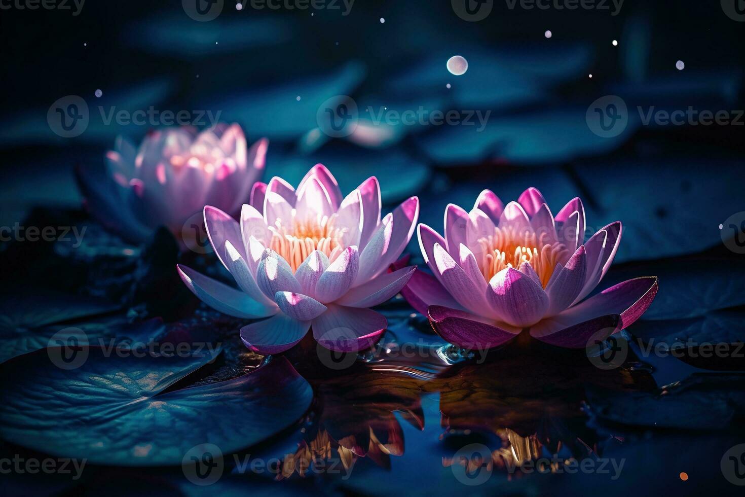 Beautiful pink water lily or lotus flower on dark background AI Generated photo