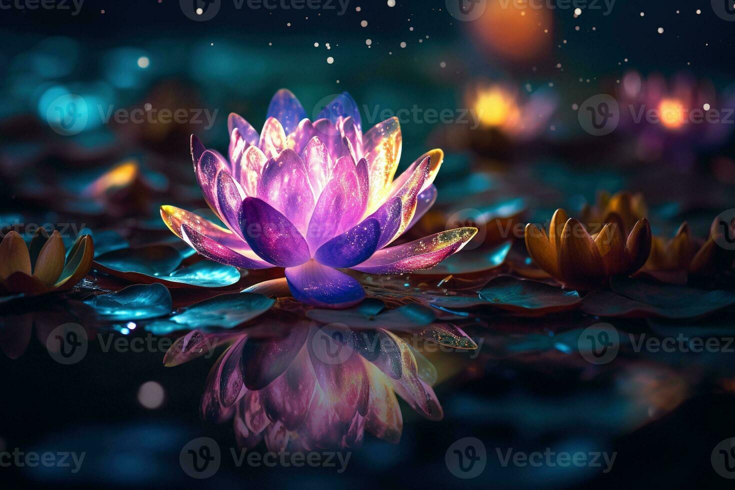 Beautiful pink water lily or lotus flower on dark background AI Generated photo