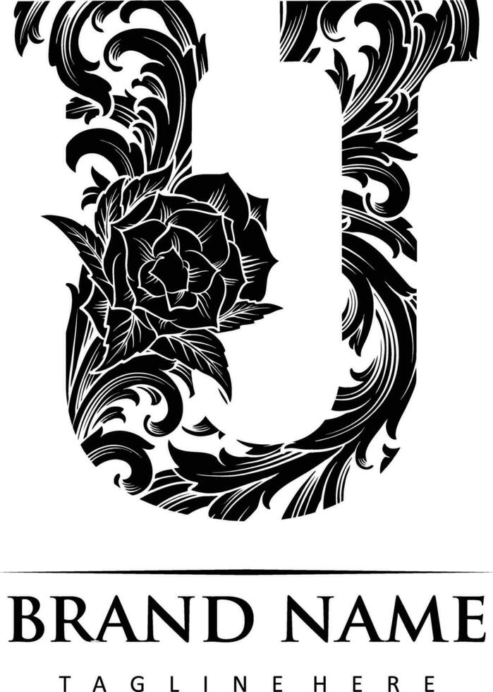 Elegant excellence capital U lettering typography floral illustration silhouette vector illustrations for your work logo, merchandise t-shirt, stickers and label designs, poster, greeting cards