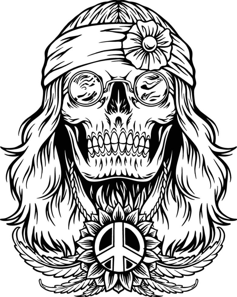 Psychedelic hippie skull head groovy vibes Illustration monochrome vector illustrations for your work logo, merchandise t-shirt, stickers and label designs, poster, greeting cards advertising business