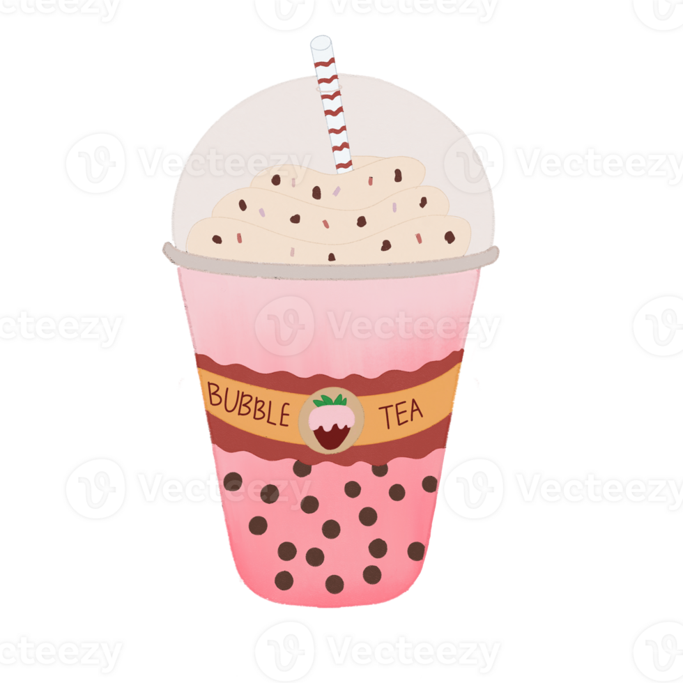 Strawberry bubble milk tea drink on transparent background PNG . PRO