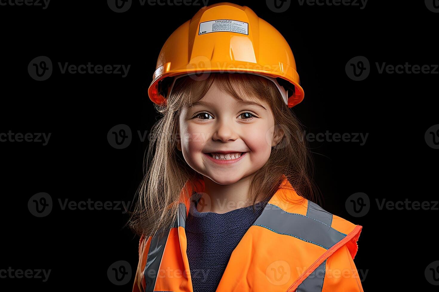 Portrait of a smiling little girl in a construction helmet photo