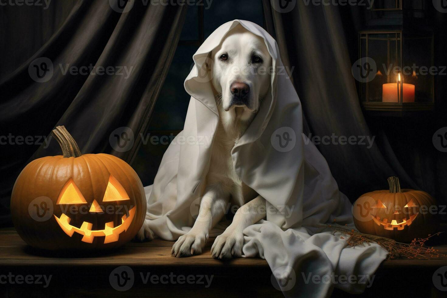 Halloween theme. dog in ghost costume with pumpkins on dark background AI Generated photo