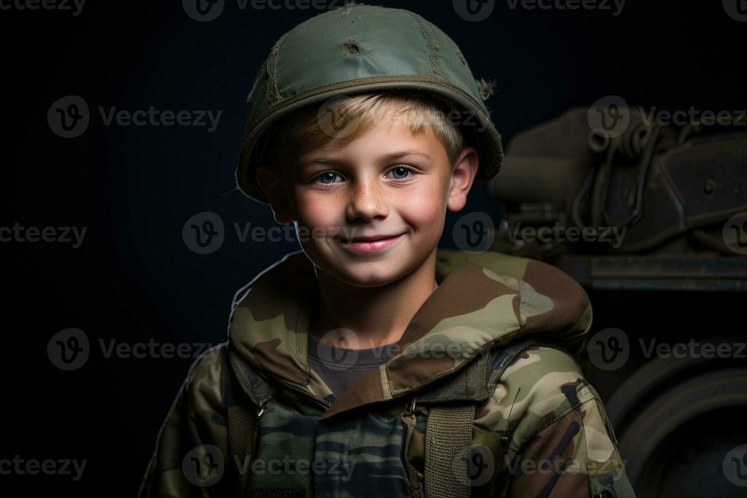 retrato de un linda pequeño chico en militar uniforme en oscuro antecedentes ai generado foto