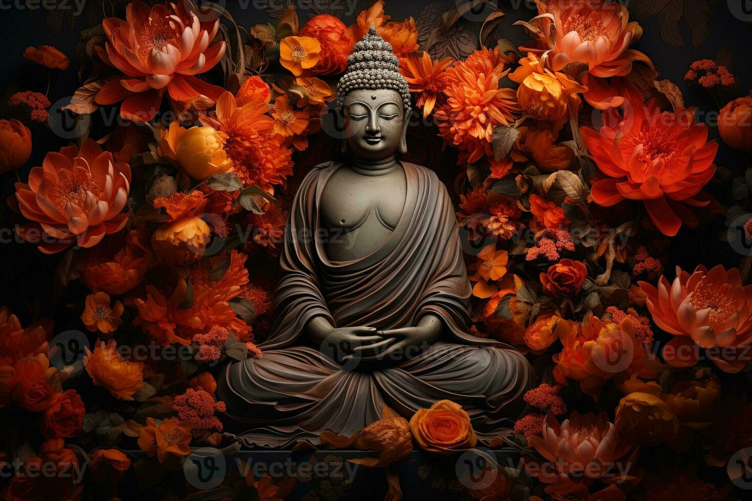 Buddha statue surrounded by orange flowers on a black background AI Generated photo