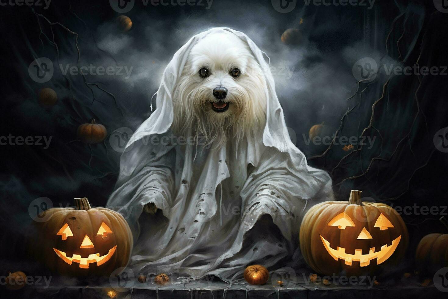 Halloween theme. dog in ghost costume with pumpkins on dark background AI Generated photo