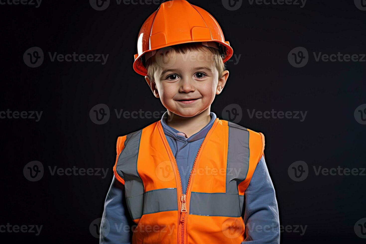 retrato de un linda pequeño chico en un construcción casco ai generado foto