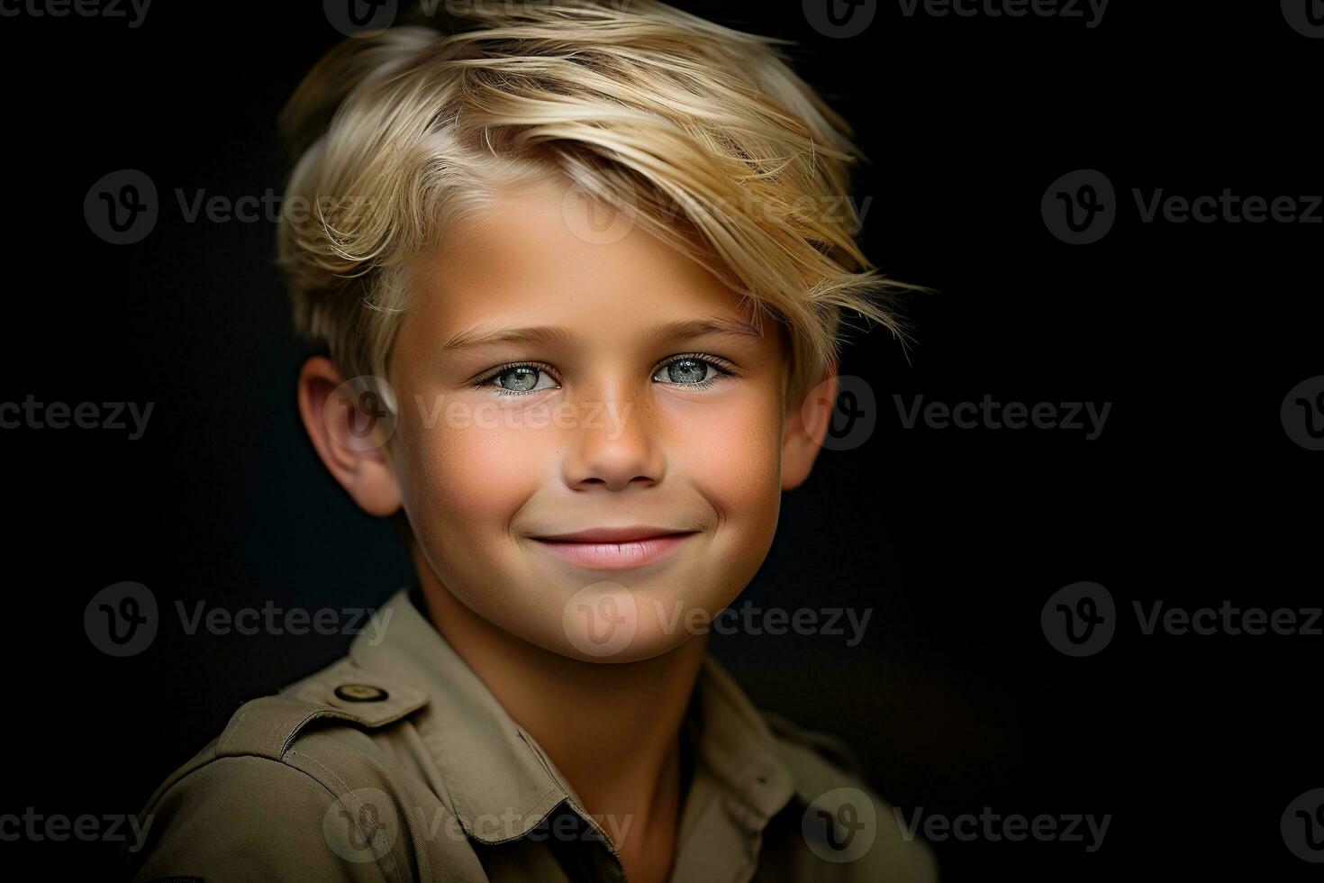 Portrait of a cute little boy in military uniform on dark background AI Generated photo