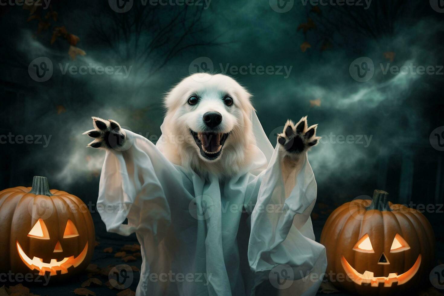 Halloween theme. dog in ghost costume with pumpkins on dark background AI Generated photo