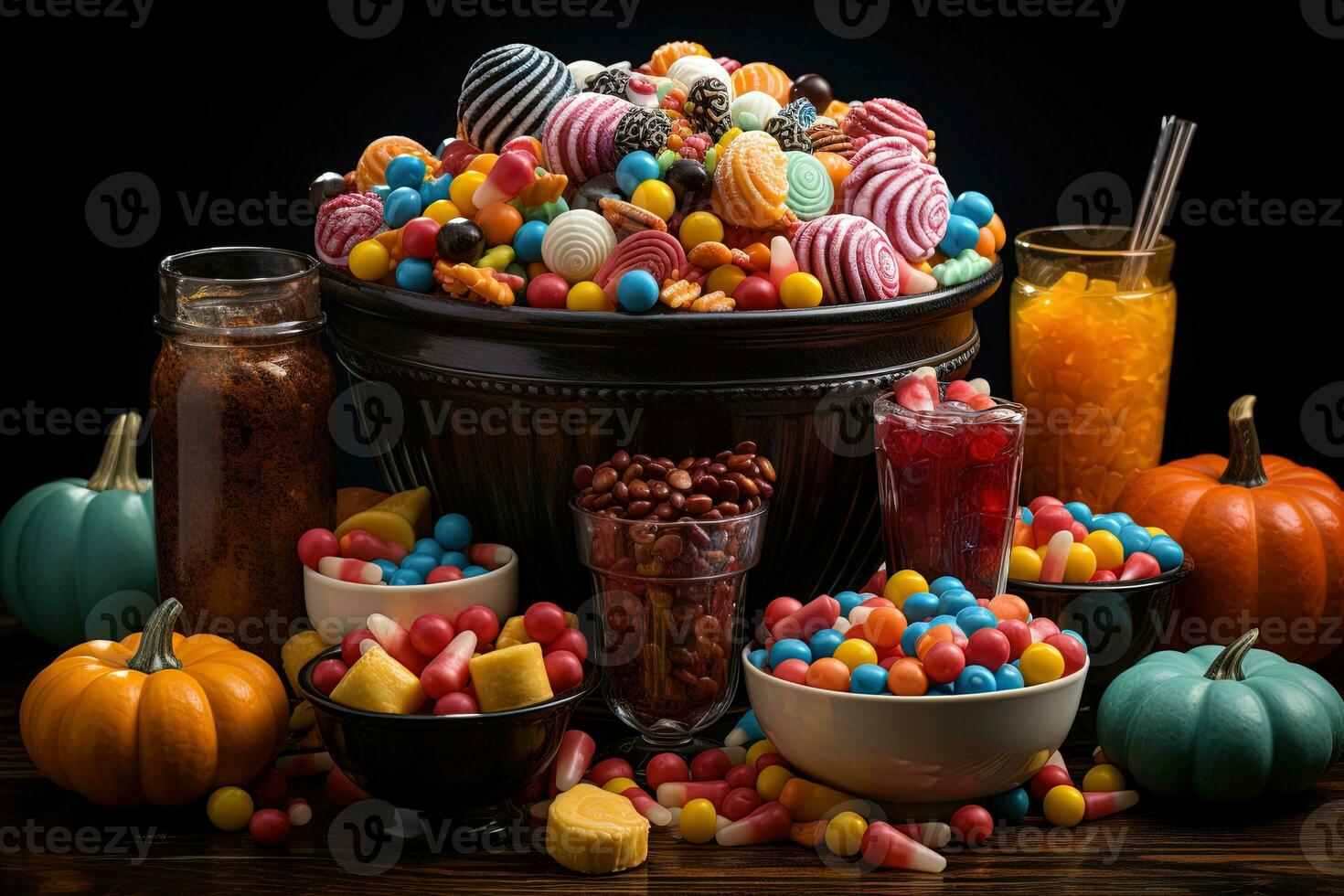 Ai Generated. Halloween candies and sweets on dark background photo