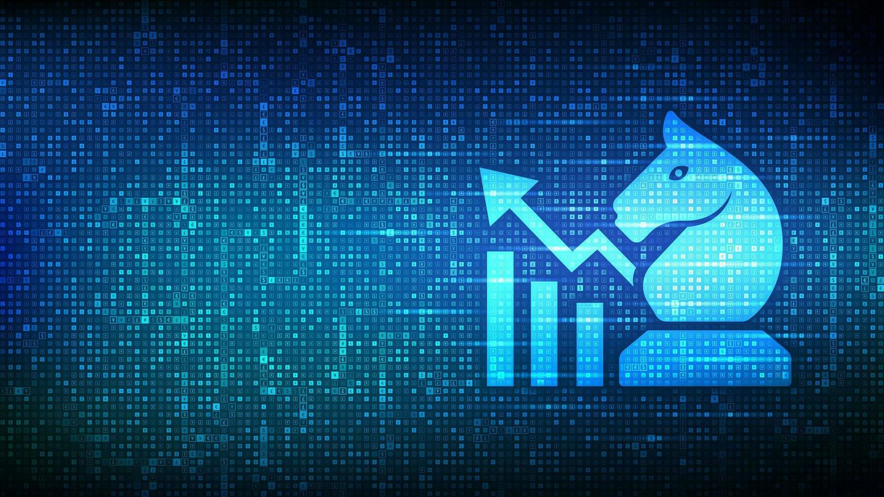 Business strategy icon made with currency symbols. Chess knight with growing graph and arrows icons. Dollar, euro, yen and pound icons. Background with currency signs. Vector illustration.