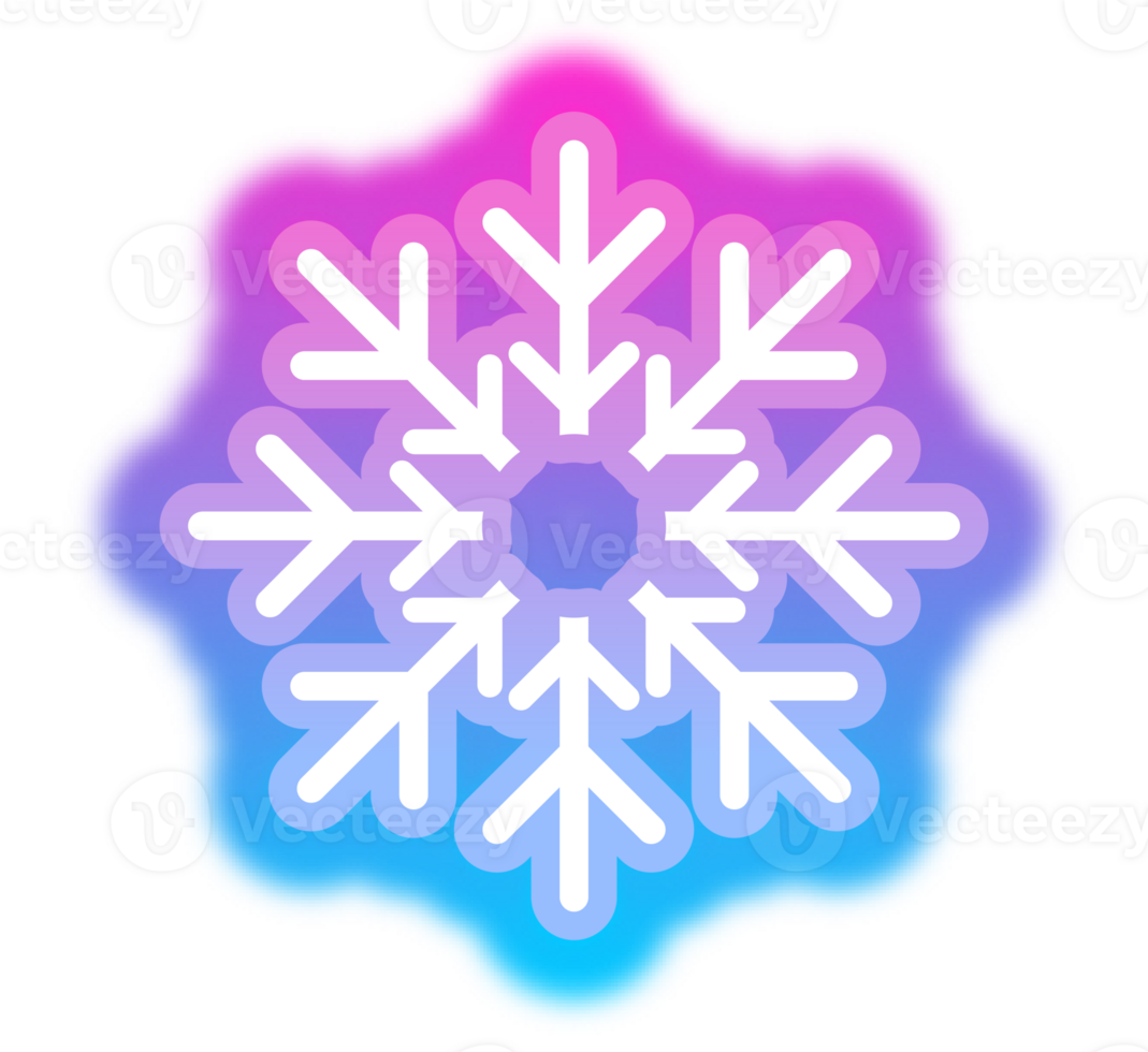 Transparent neon glowing Christmas snowflake icon in purple and blue colors. Aesthetic design element for Christmas and New Year png