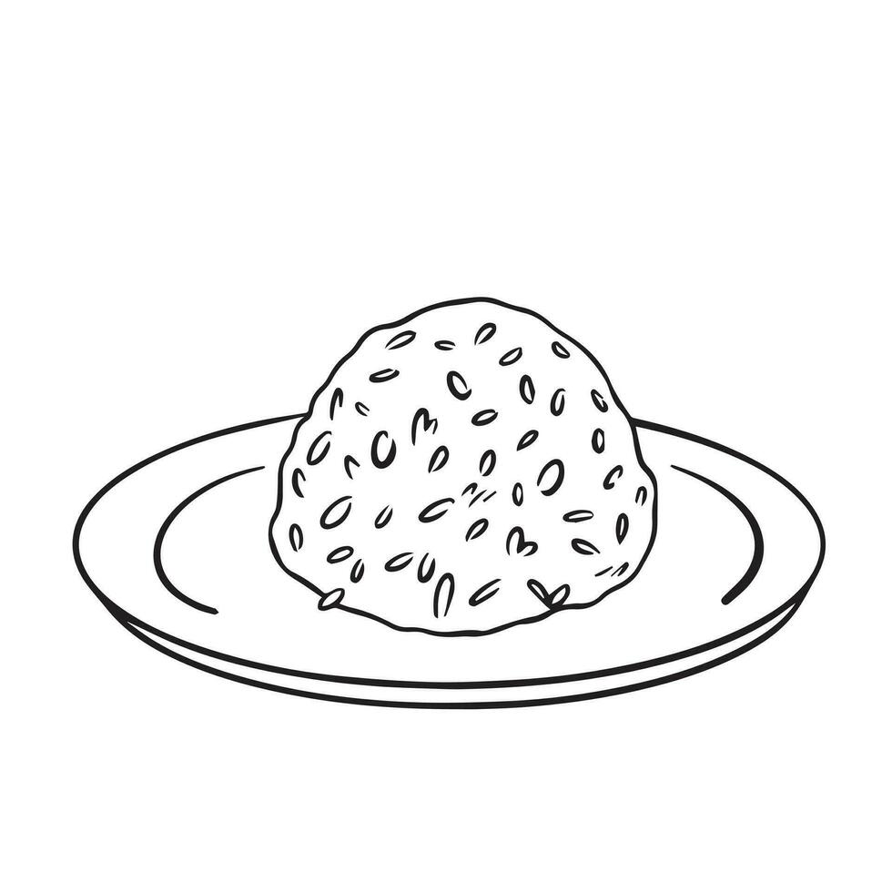 A portion of round rice on top of round plate vector illustration outlined black and white isolated on square template. Simple flat outlined cartoon art styled food drawing.