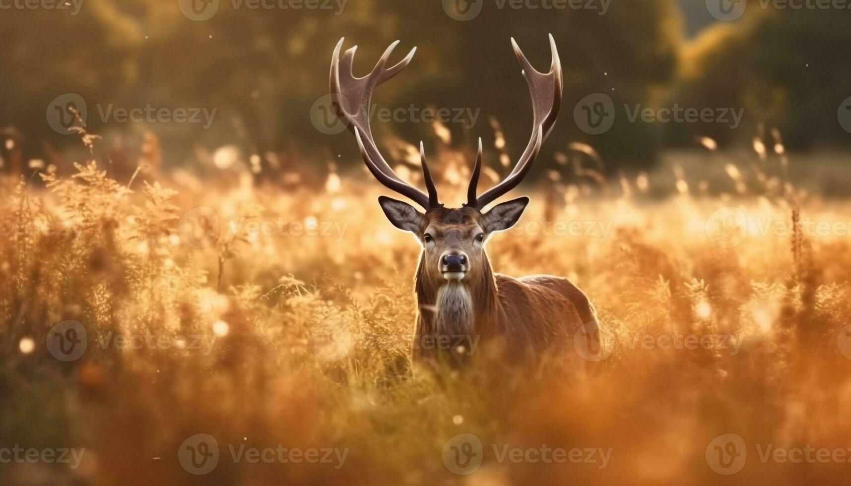 A majestic stag grazes peacefully in the tranquil forest meadow generated by AI photo