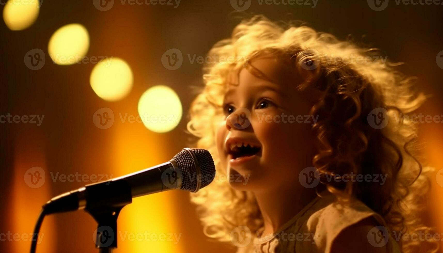 linda niña canto en escenario, Rizado cabello, alegre ejecutante generado por ai foto