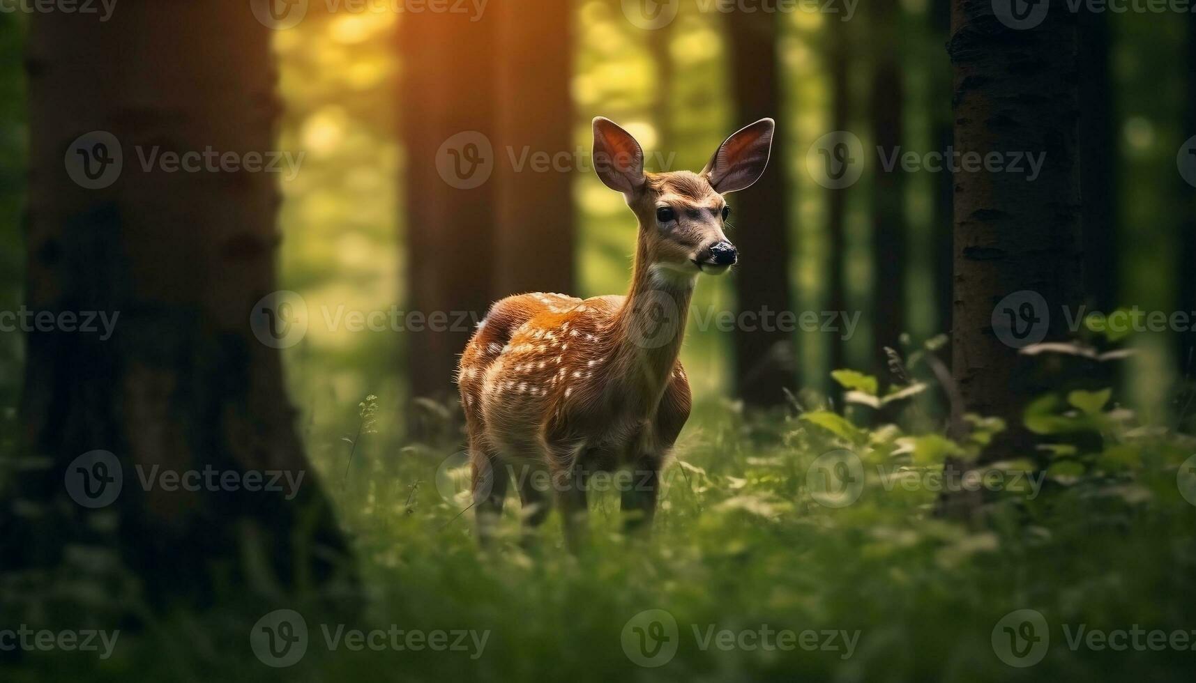 Cute deer grazes in green meadow, surrounded by tranquil nature generated by AI photo