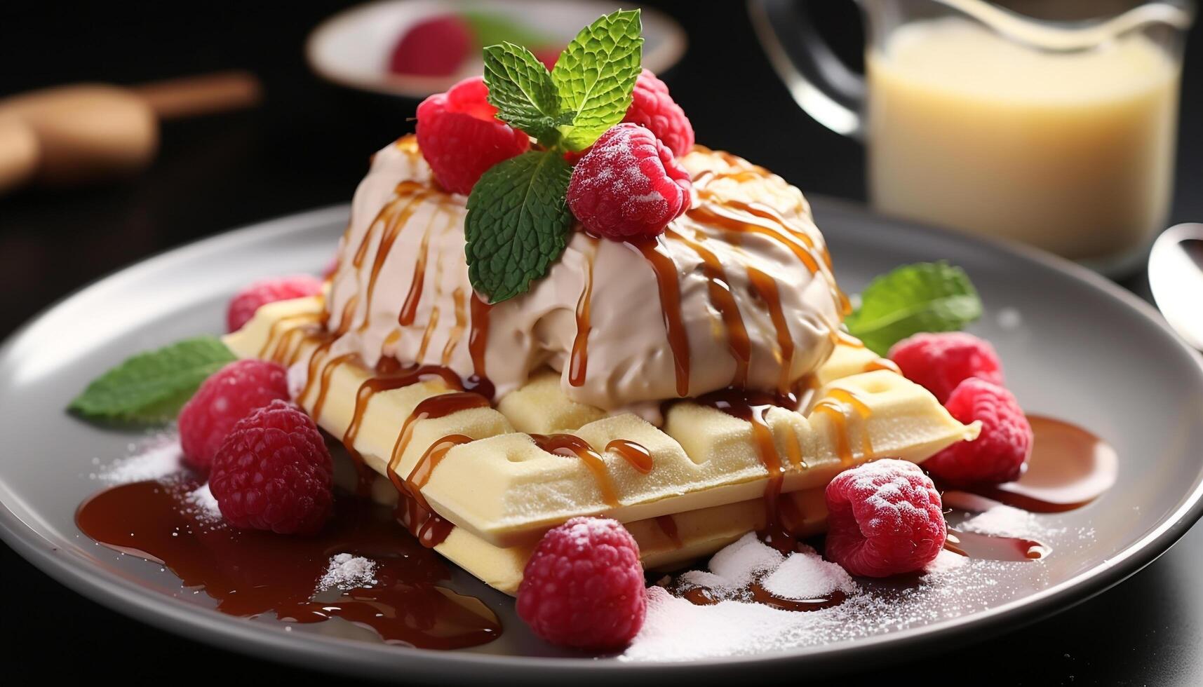Freshly baked pancakes topped with raspberry sauce and whipped cream generated by AI photo