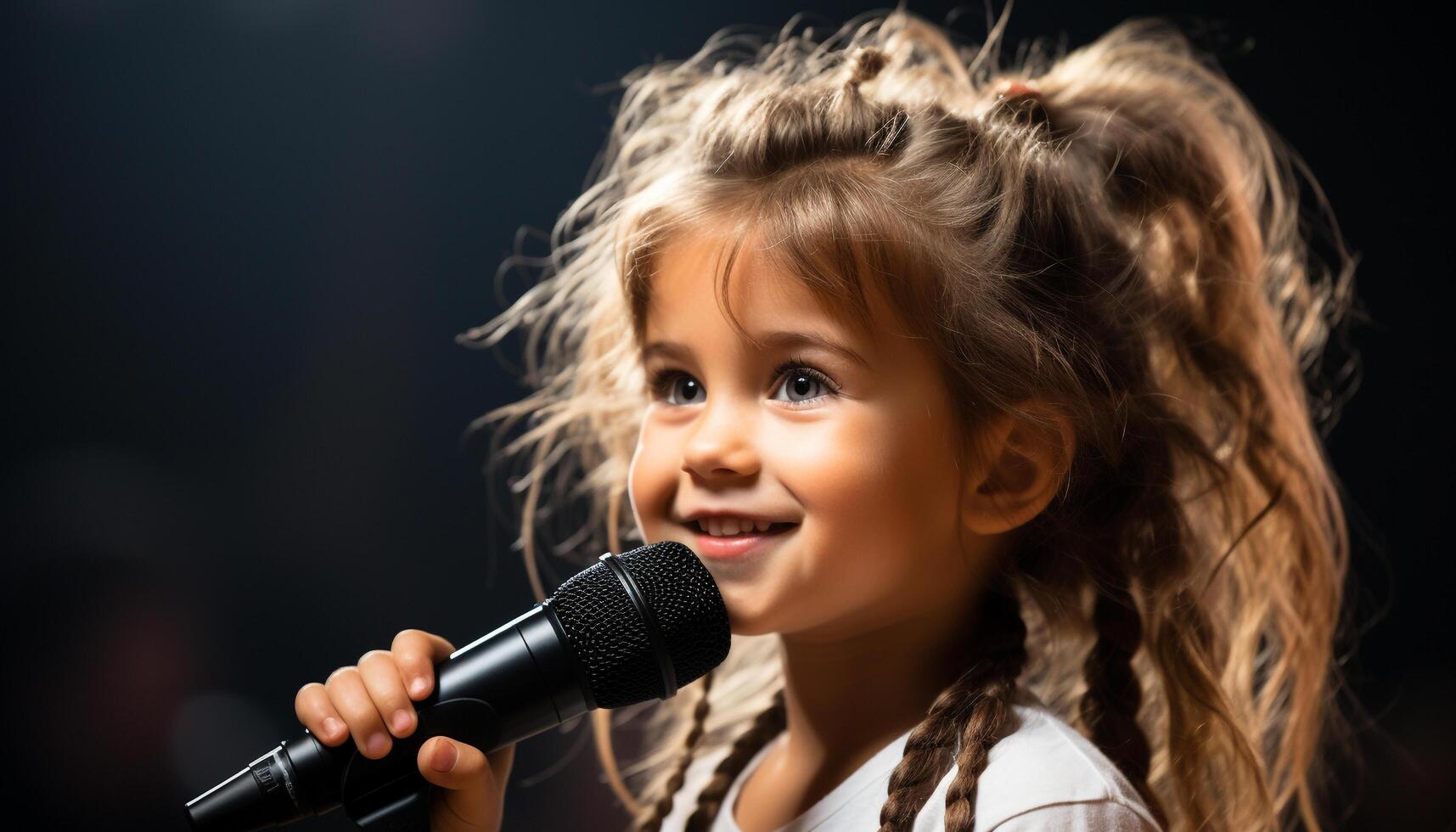 Smiling girl, cute musician, cheerful performer, singing, playing, joyful artist generated by AI photo