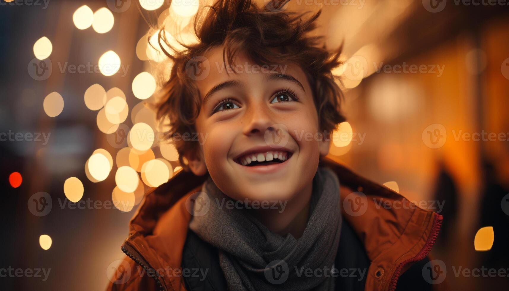 sonriente chico disfruta invierno noche, alegre y despreocupado en naturaleza generado por ai foto