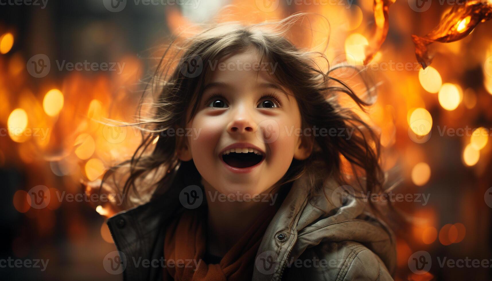 Smiling girl enjoys playful autumn night, carefree and full of joy generated by AI photo