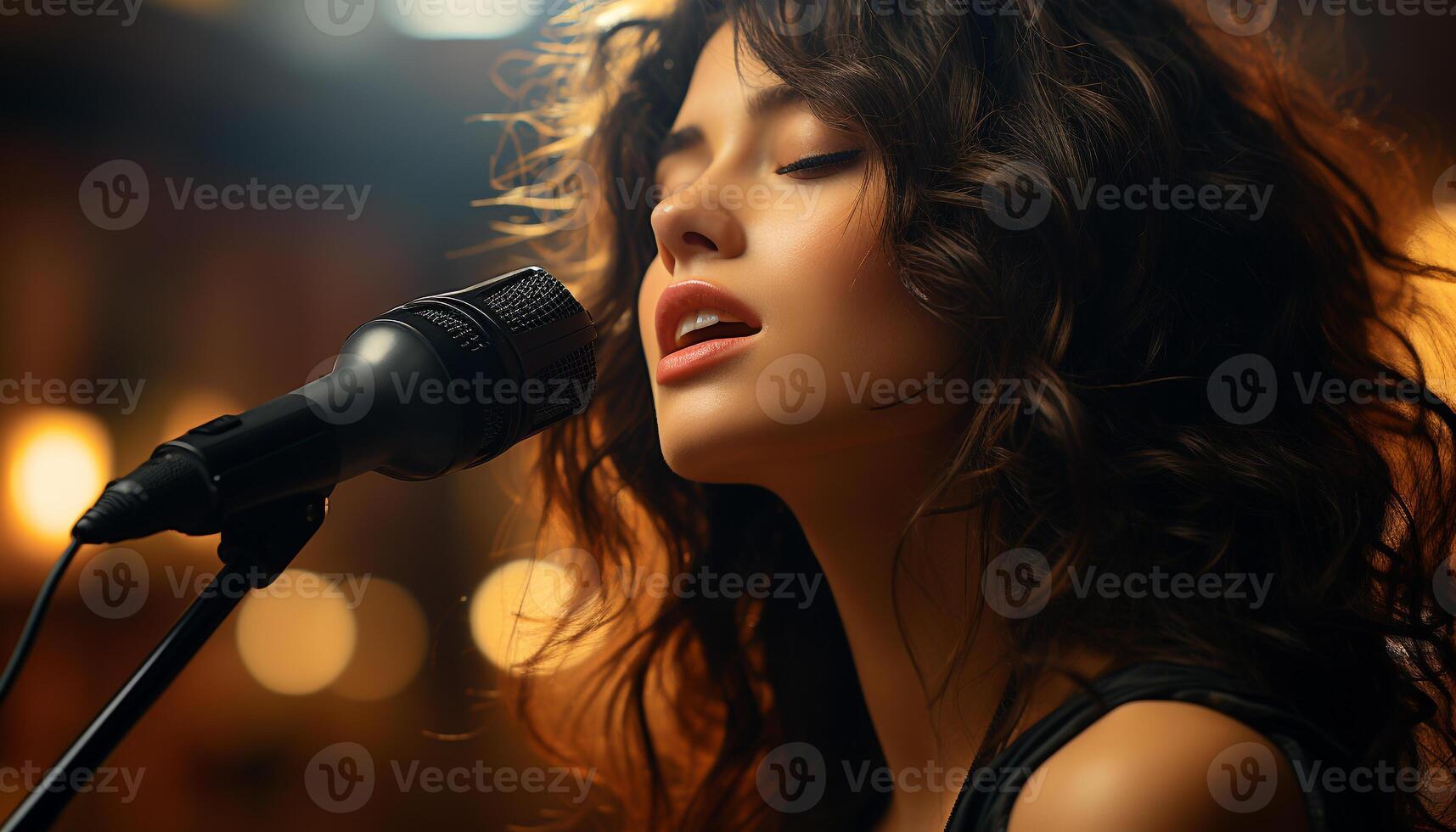 Young adult woman singing on stage, captivating with her beauty generated by AI photo