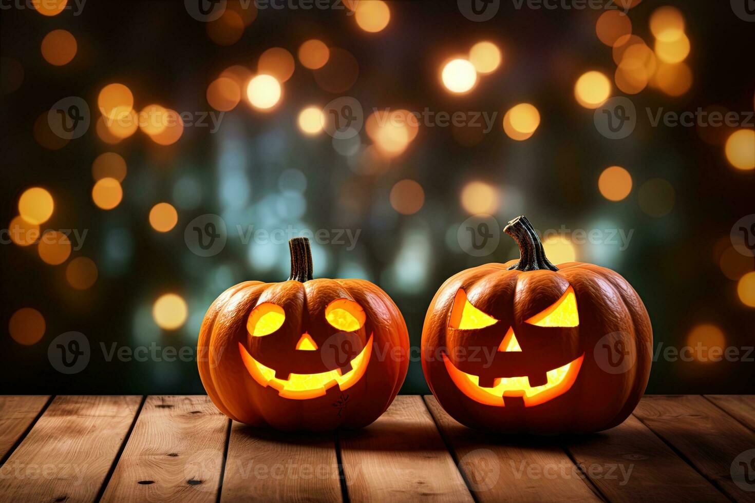 Halloween pumpkins on wooden table with bokeh lights background AI Generated photo