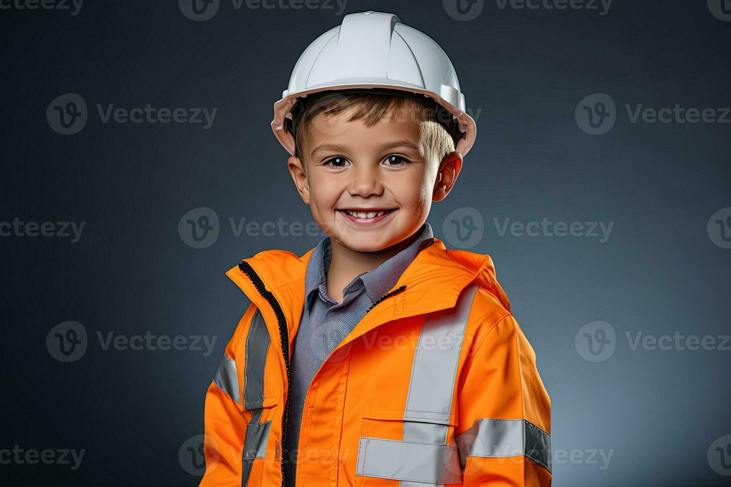 retrato de un linda pequeño chico en un construcción casco ai generado foto