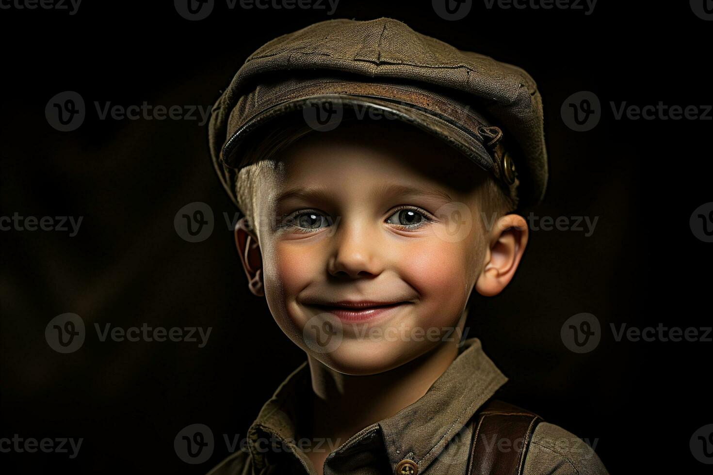 retrato de un linda pequeño chico en militar uniforme en oscuro antecedentes ai generado foto