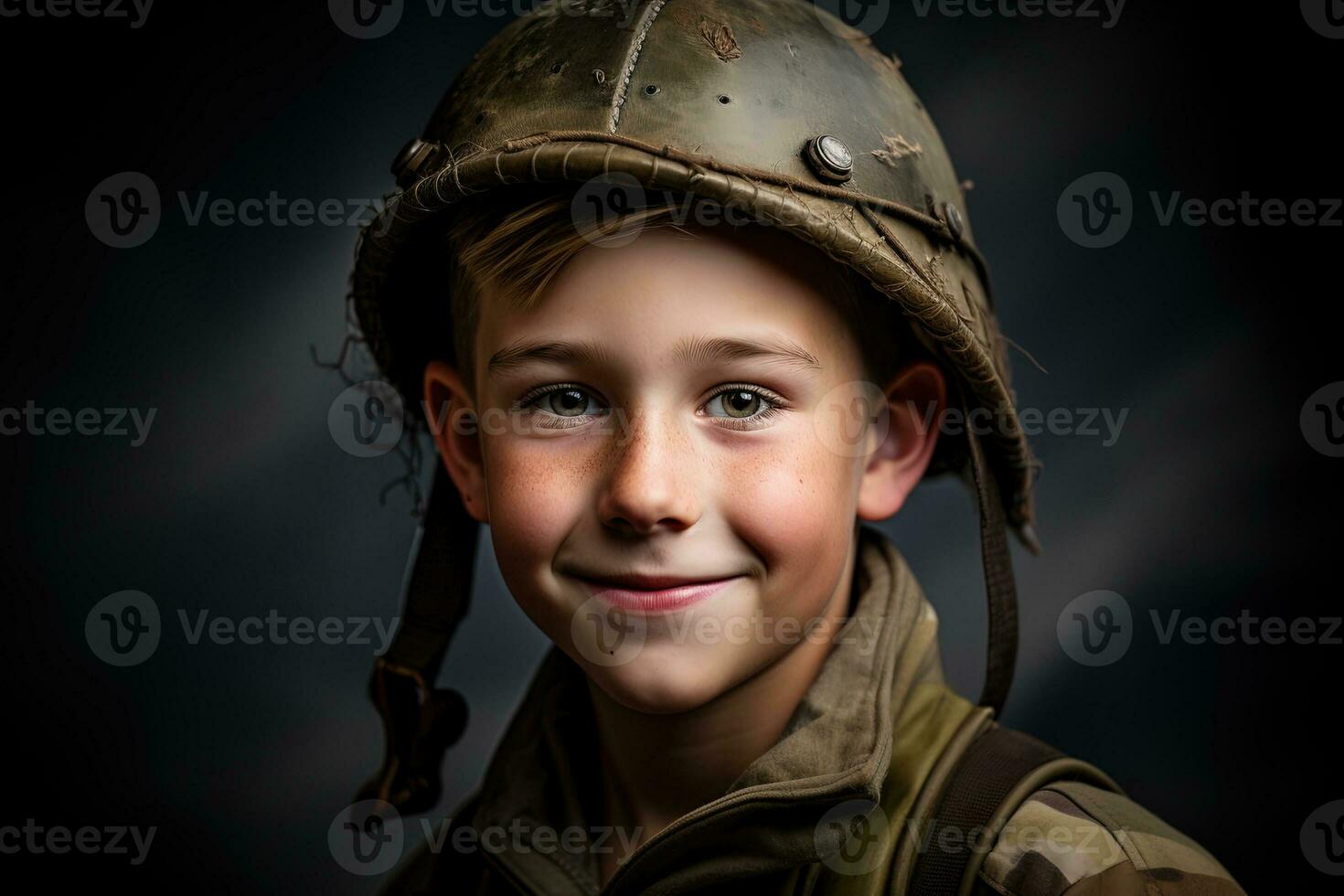 retrato de un linda pequeño chico en militar uniforme en oscuro antecedentes ai generado foto