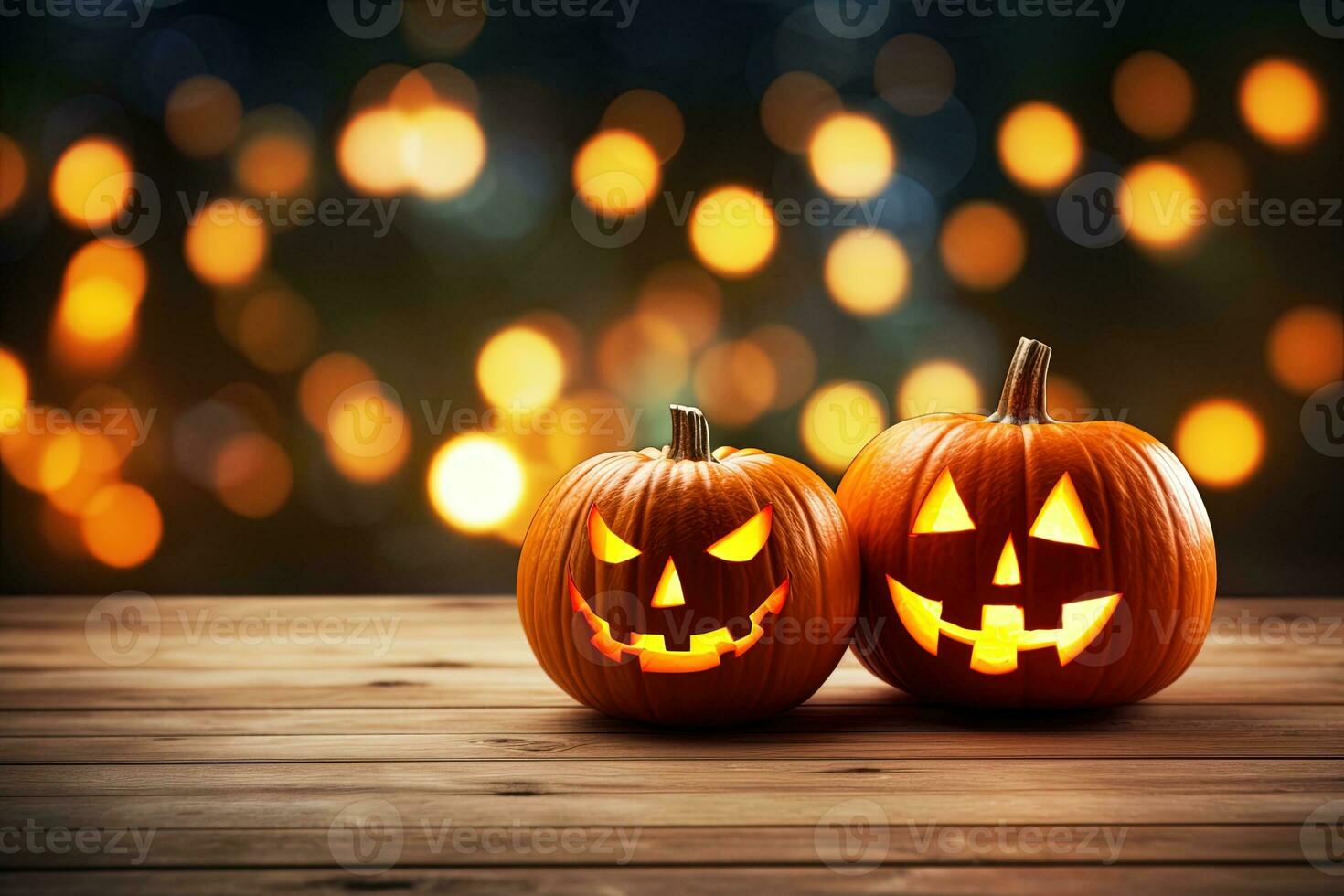 Halloween pumpkins on wooden table with bokeh lights background AI Generated photo
