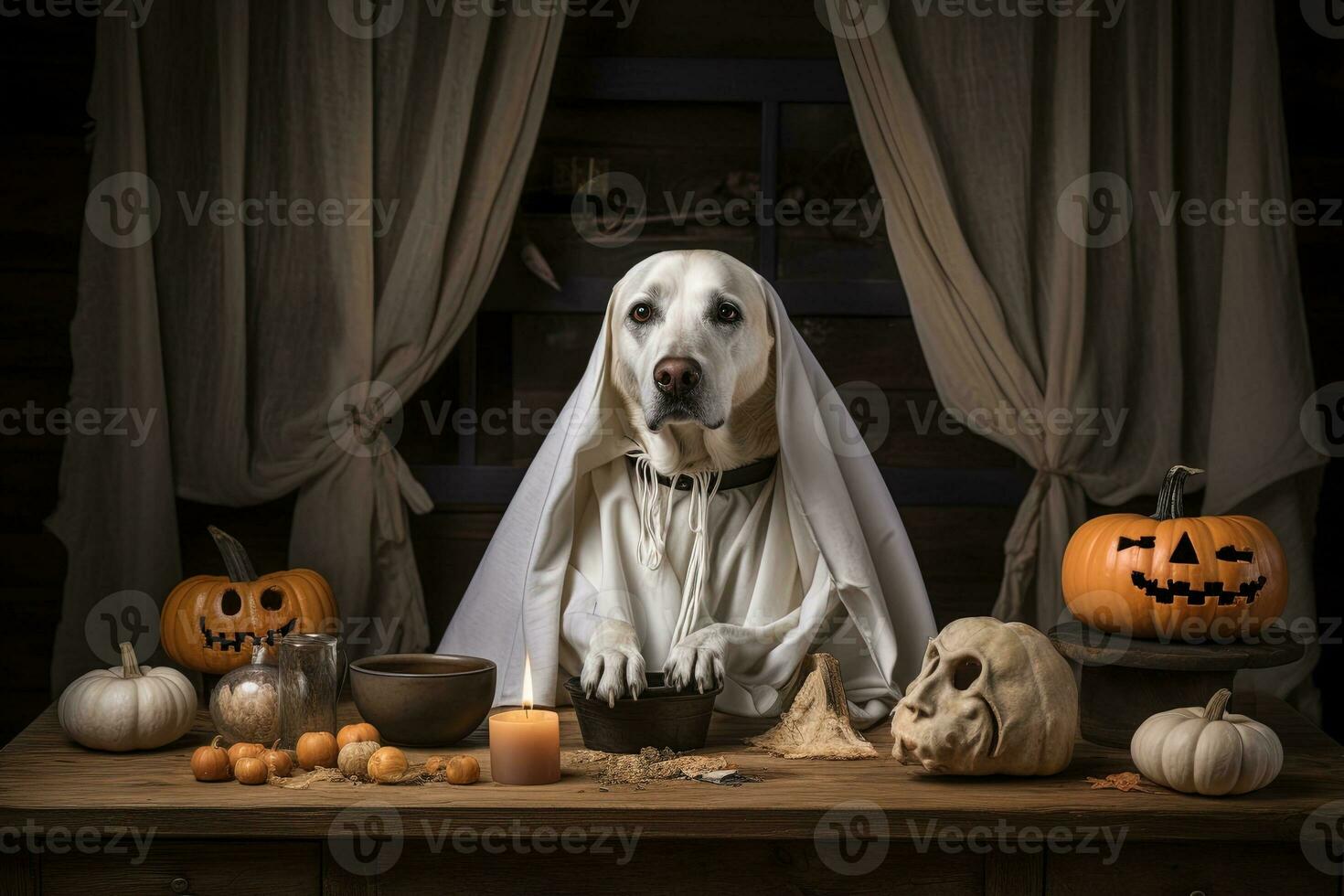 Halloween theme. dog in ghost costume with pumpkins on dark background AI Generated photo