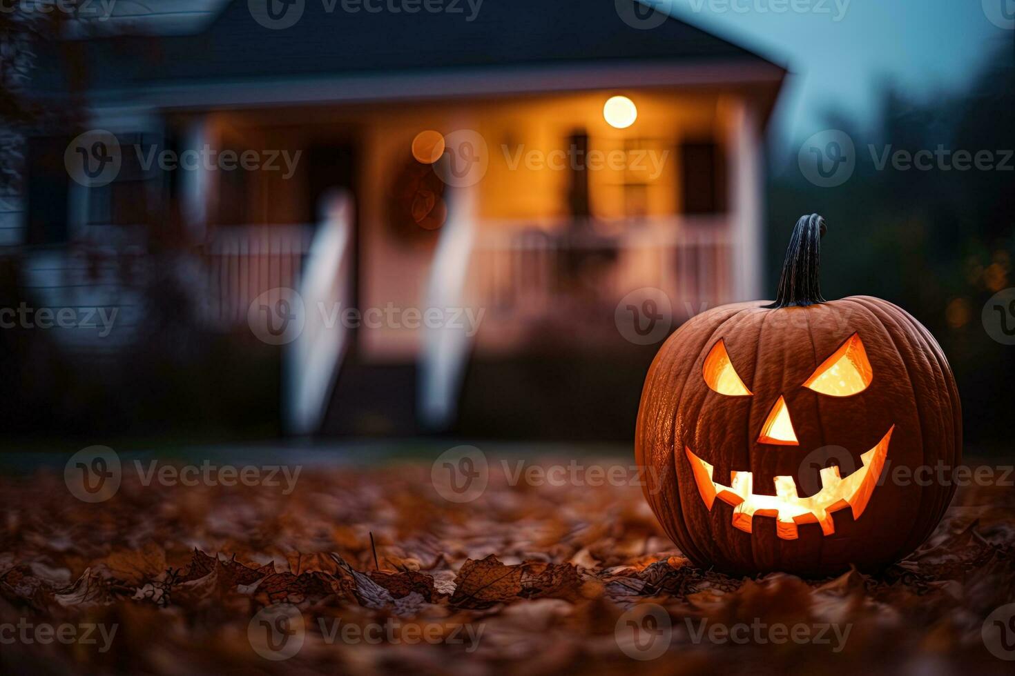 Halloween pumpkins in front of a house at night, Halloween background AI generated photo