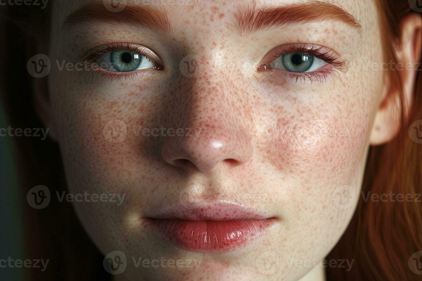 a close up of a woman with freckles AI generated photo