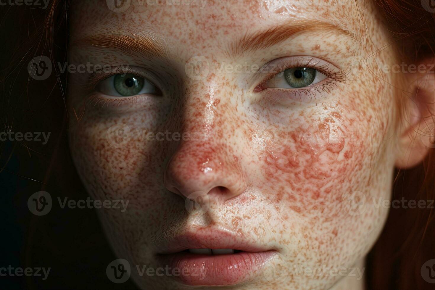 a close up of a woman with freckles AI generated photo
