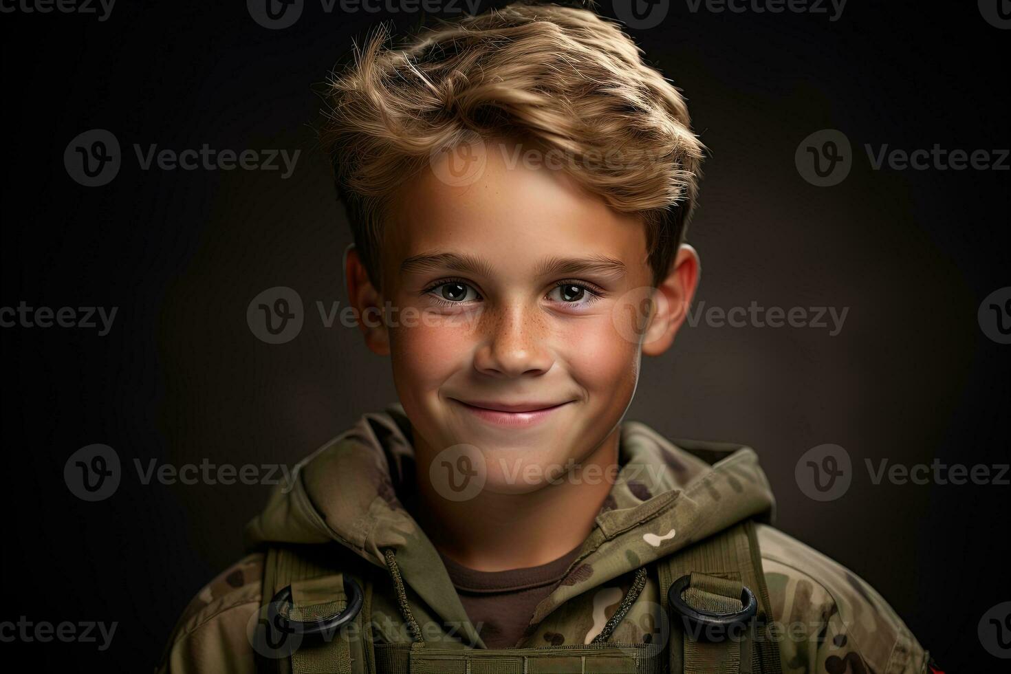 Portrait of a cute little boy in military uniform on dark background AI Generated photo