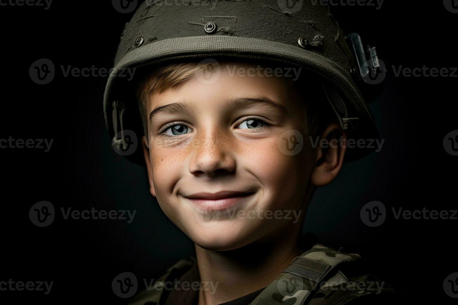 retrato de un linda pequeño chico en militar uniforme en oscuro antecedentes ai generado foto