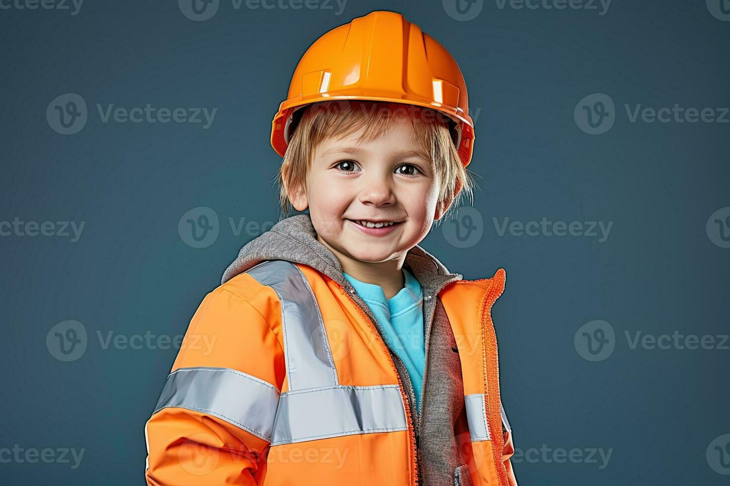 retrato de un linda pequeño chico en un construcción casco ai generado foto