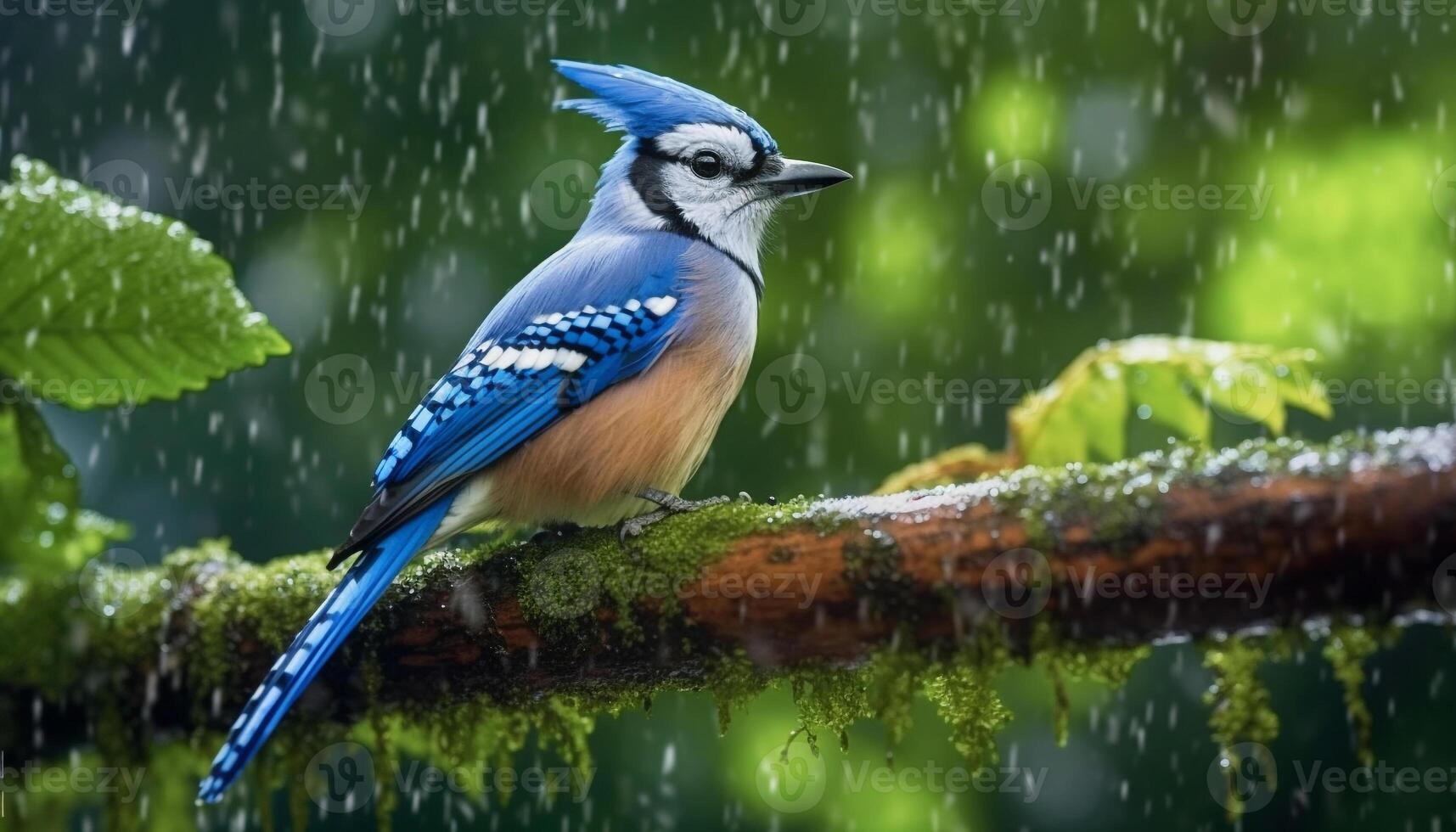 Bird perching on branch, feathers glistening in the summer rain generated by AI photo