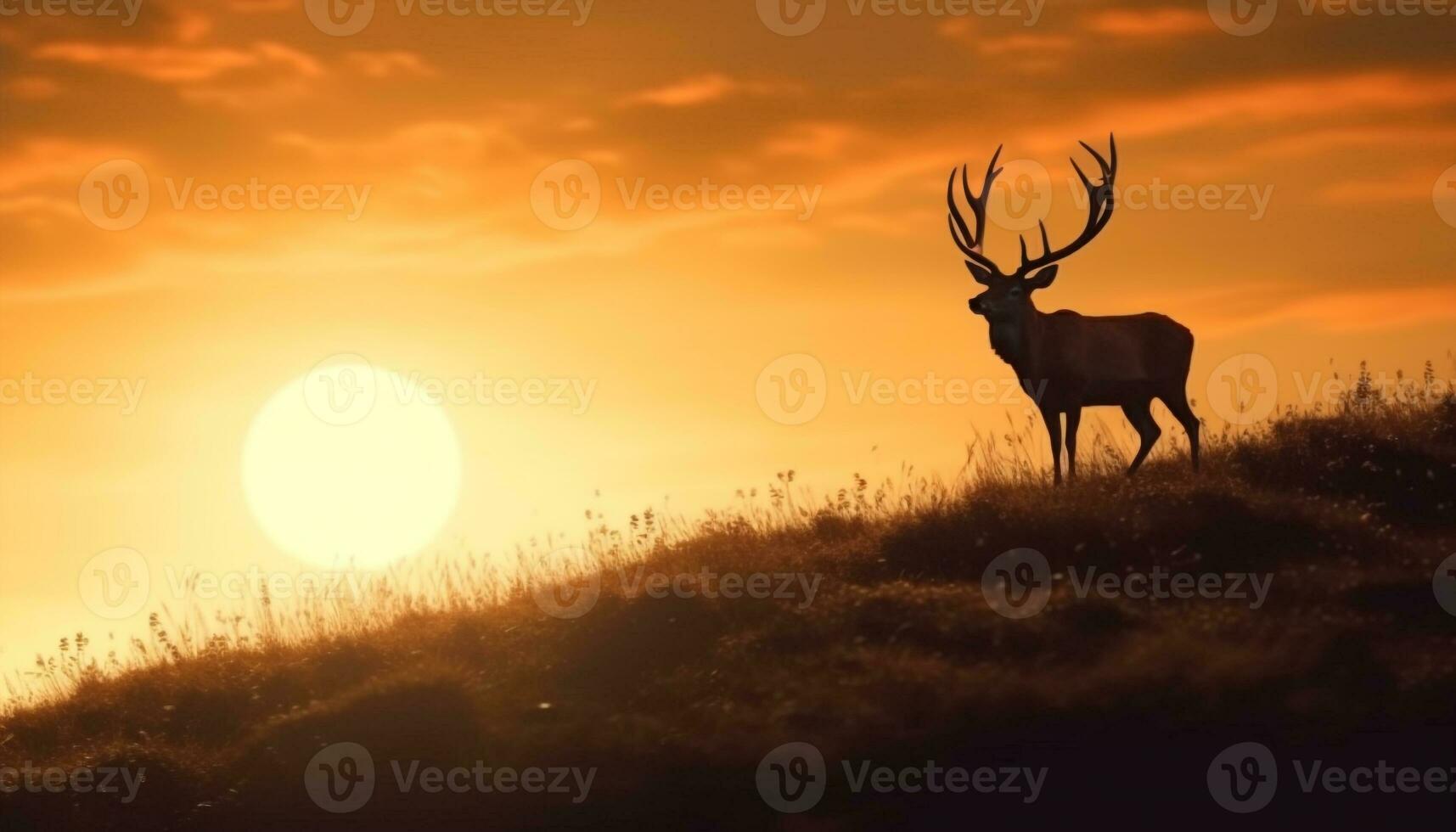 Majestic stag grazes in tranquil meadow, silhouetted against sunset sky generated by AI photo