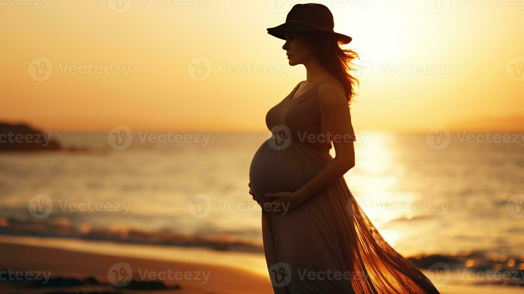 Pregnant woman silhouette on sea beach, future mother waiting birth of baby, woman with pregnant belly walking on seacoast, Generative AI photo