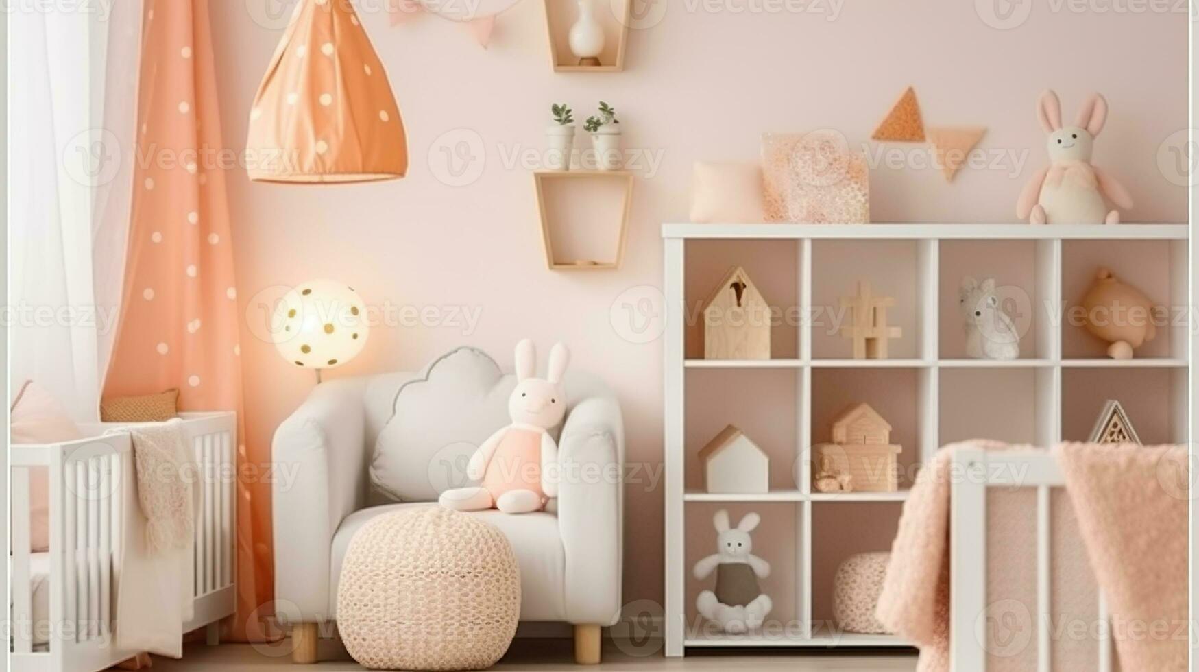 Scandinavian Sweetness. White Bookcase Enhanced with Plush Toys in Peach Pink Nursery photo