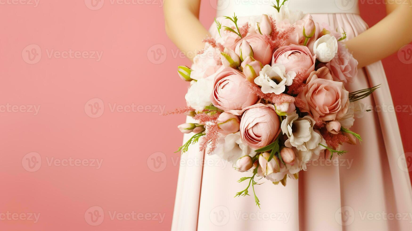 Beautiful wedding bouquet in bride's hands. Pink background. Generative AI photo