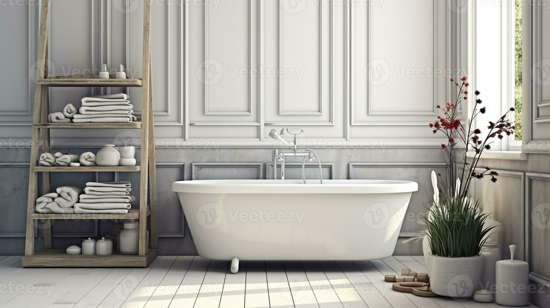 tranquilo elegancia, blanco baño oasis adornado con natural decoración acentos generativo ai foto