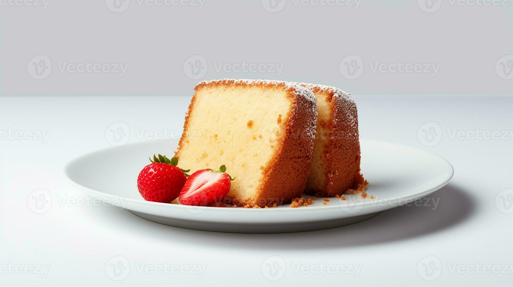 Photo of pound cake on white plate. Generative AI