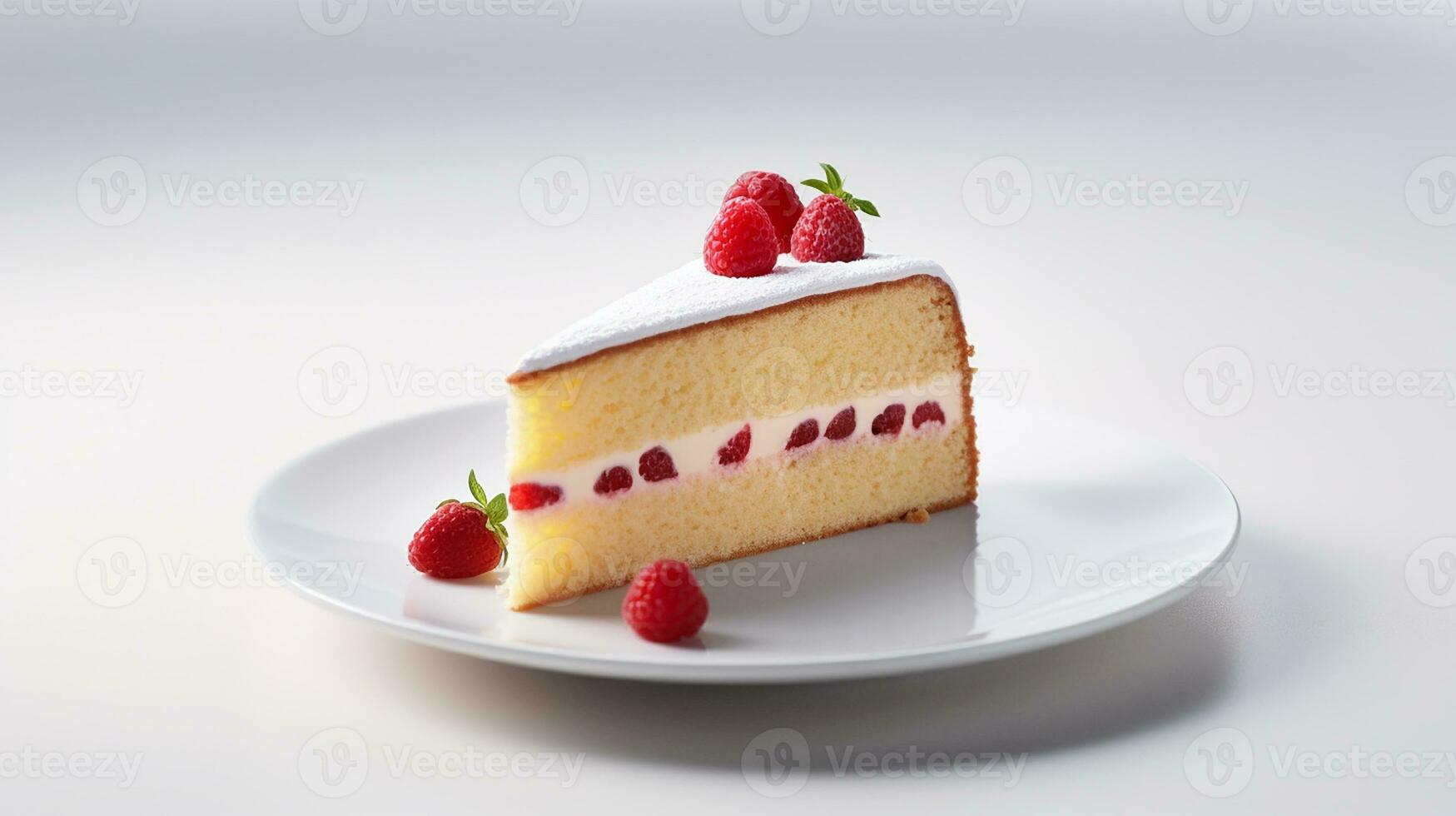 Photo of slice of genoise cake on white plate. Generative AI