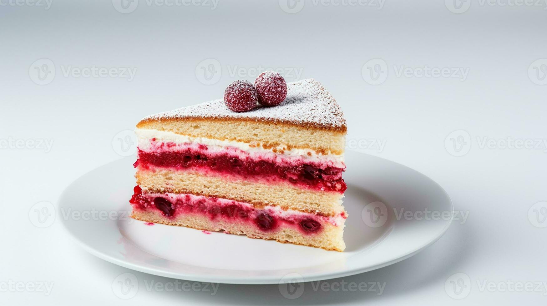 Photo of slice of genoise cake on white plate. Generative AI