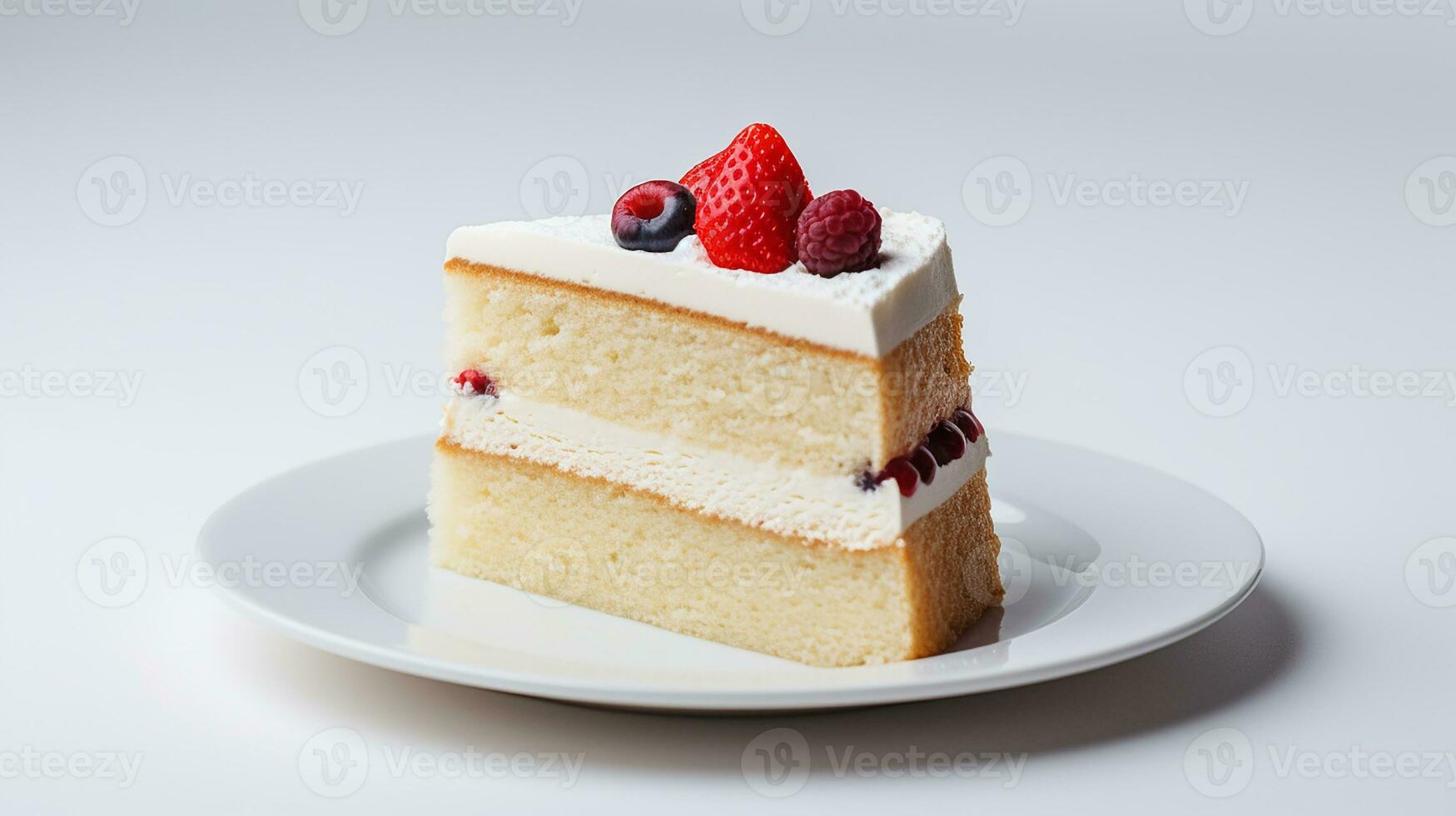 Photo of slice of genoise cake on white plate. Generative AI