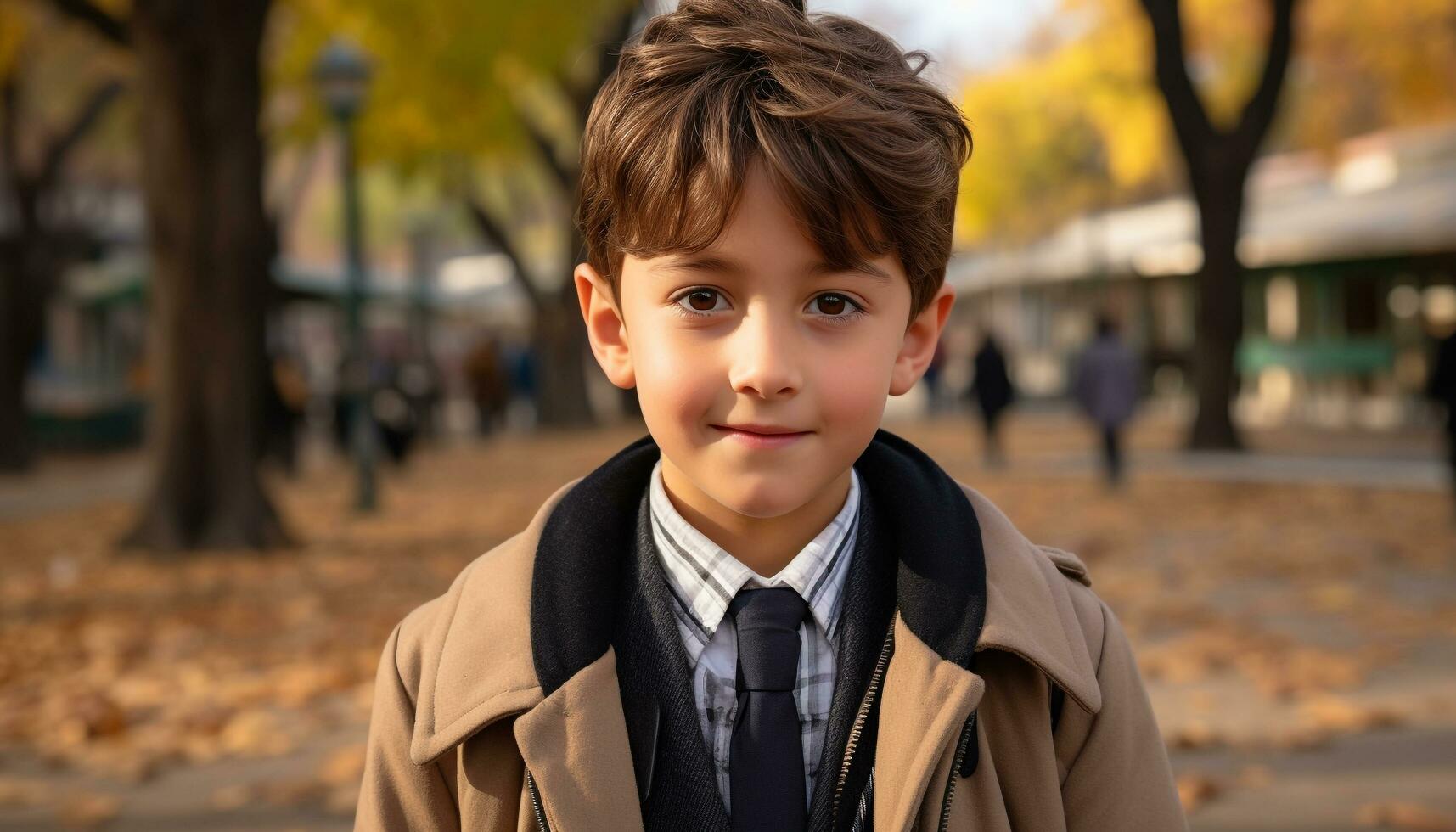 A cheerful schoolboy standing outdoors, smiling and looking at camera generated by AI photo