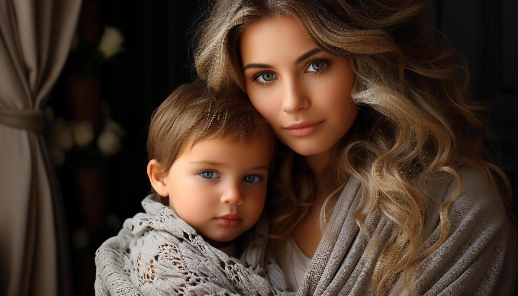 un linda caucásico familia sonriente, abrazando, y mirando a cámara generado por ai foto