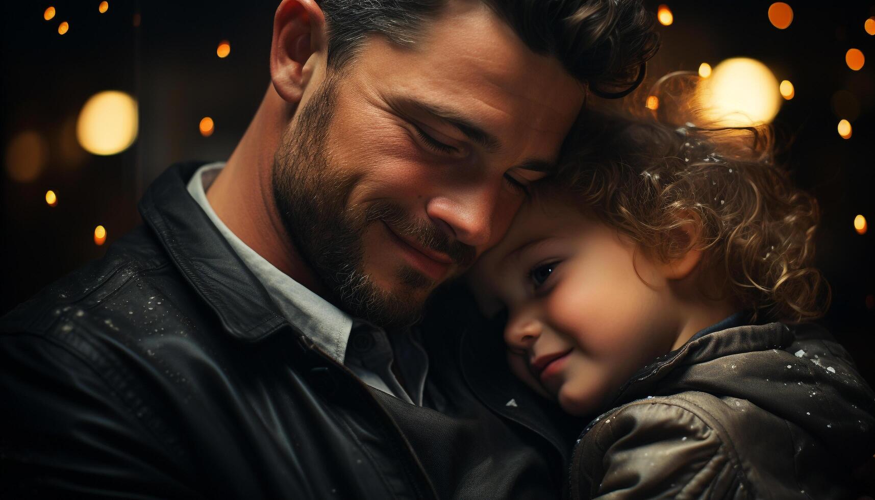 A loving father and son embrace, radiating joy and togetherness generated by AI photo